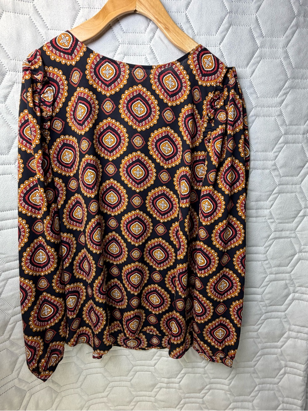 LOFT Black Long-Sleeve Medallion Print Blouse with Red and Gold Accents Women’s